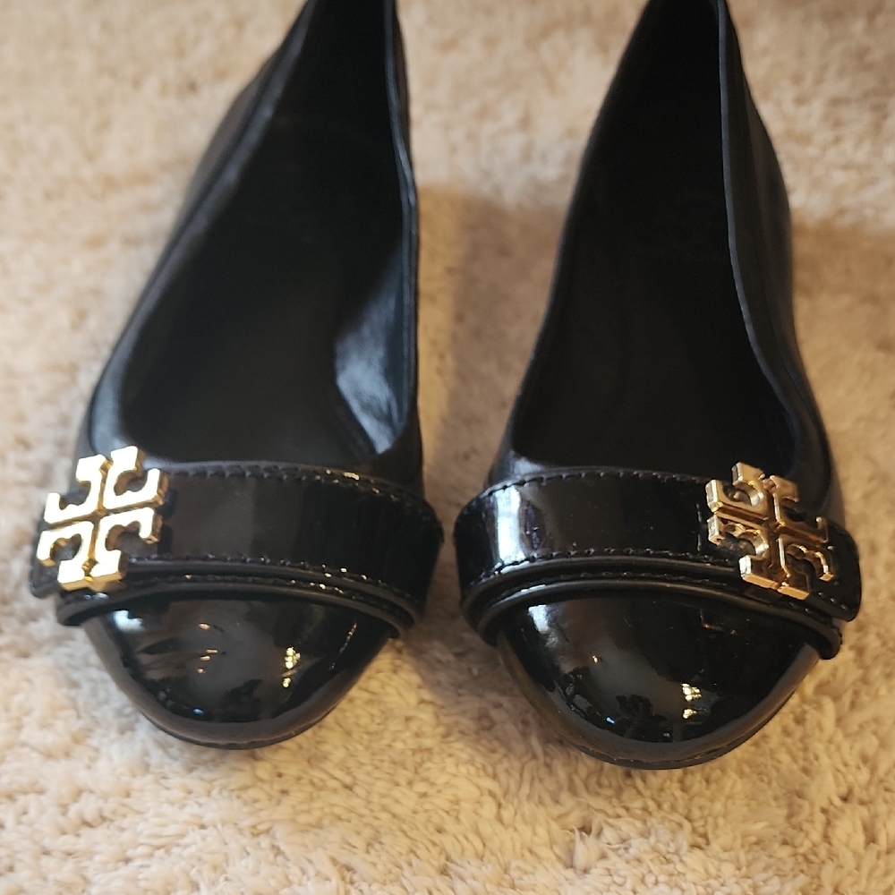 Tory Burch Black Flats with Gold Emblem
